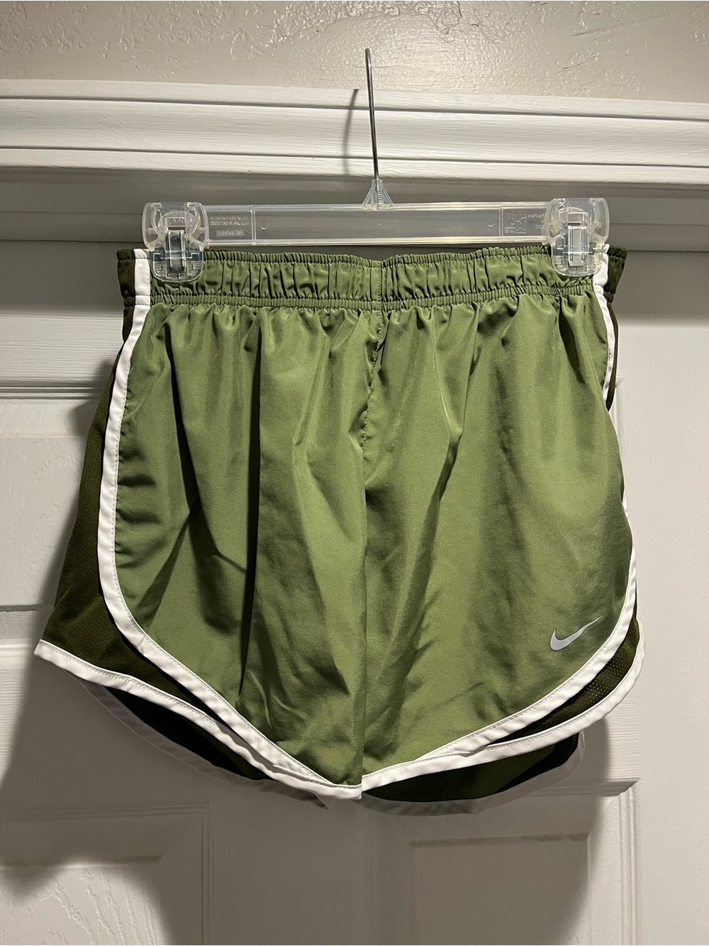 Nike Olive Green Athletic Running Shorts with White Trim